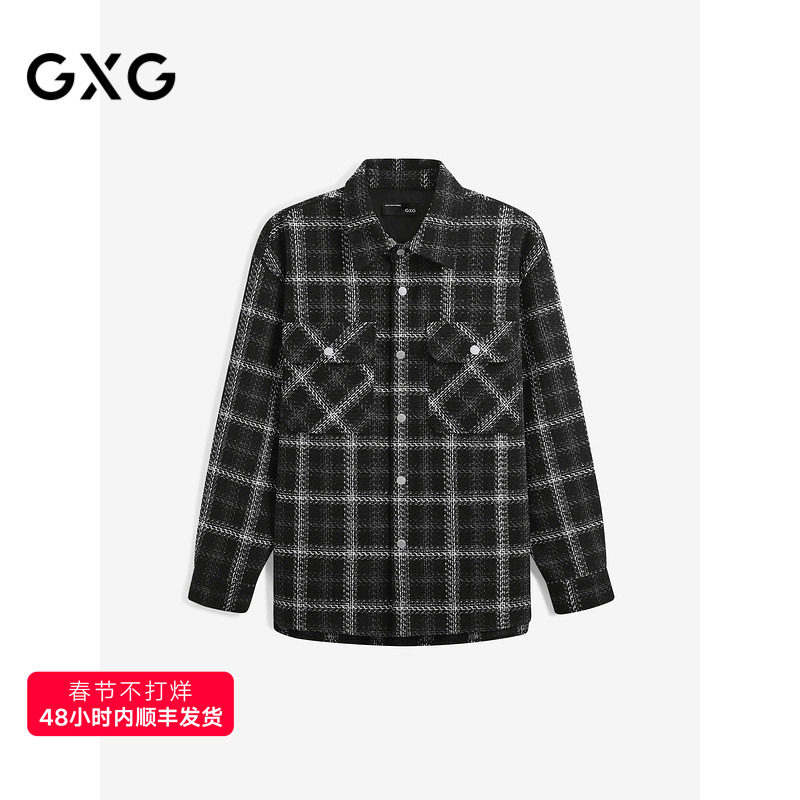 GXG男装 黑格小香风宽松长袖衬衫外套男生24年秋季品G24X033043