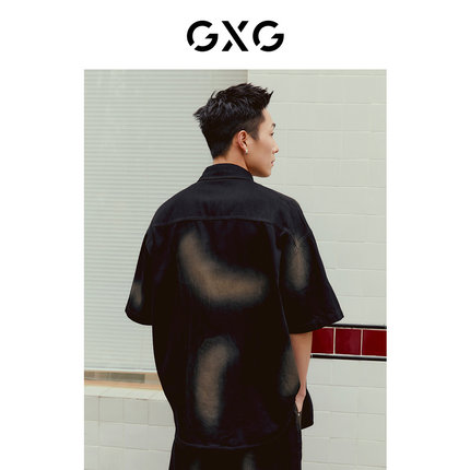 GXG男装 重磅系列黑色牛仔短袖衬衫外套潮流时尚 2023年夏季新品