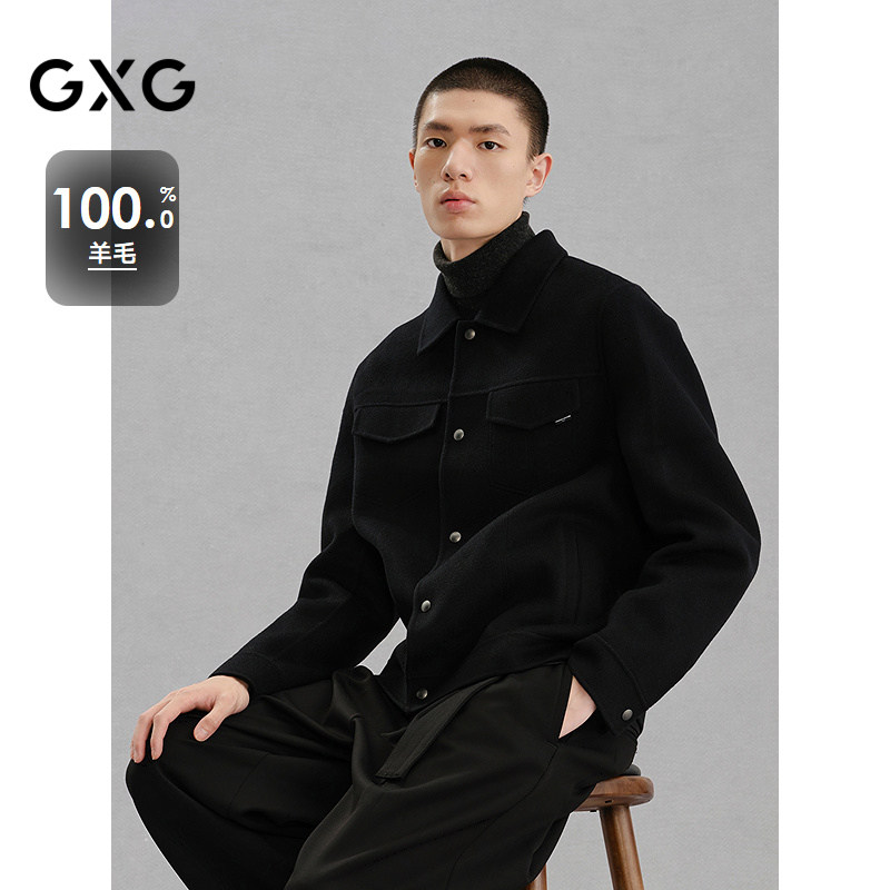 GXG男装 【全羊毛】冬季黑色合体休闲通勤短款大衣男保暖外套