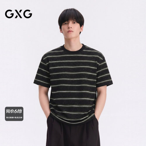 26夏季新品GXG男装藏青条纹撞色做旧水洗圆领男士短袖T恤
