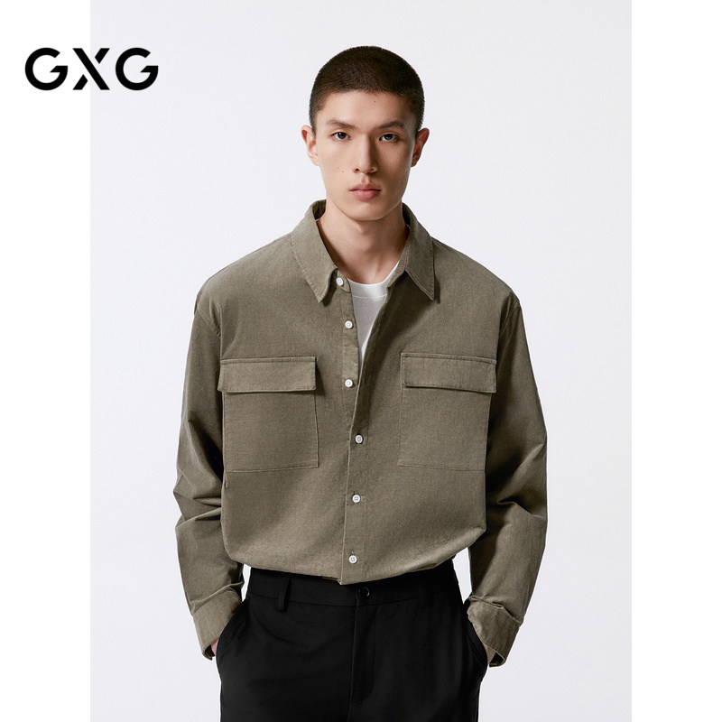 GXG男装 24年秋季卡其色灯芯绒简约翻领长袖衬衫男士休闲通勤外套图片