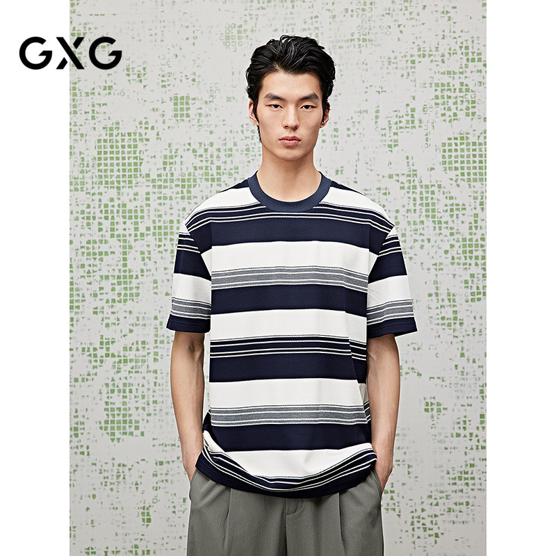 GXG男装 夏季圆领T恤藏白条纹圆领落肩短袖针织t恤男