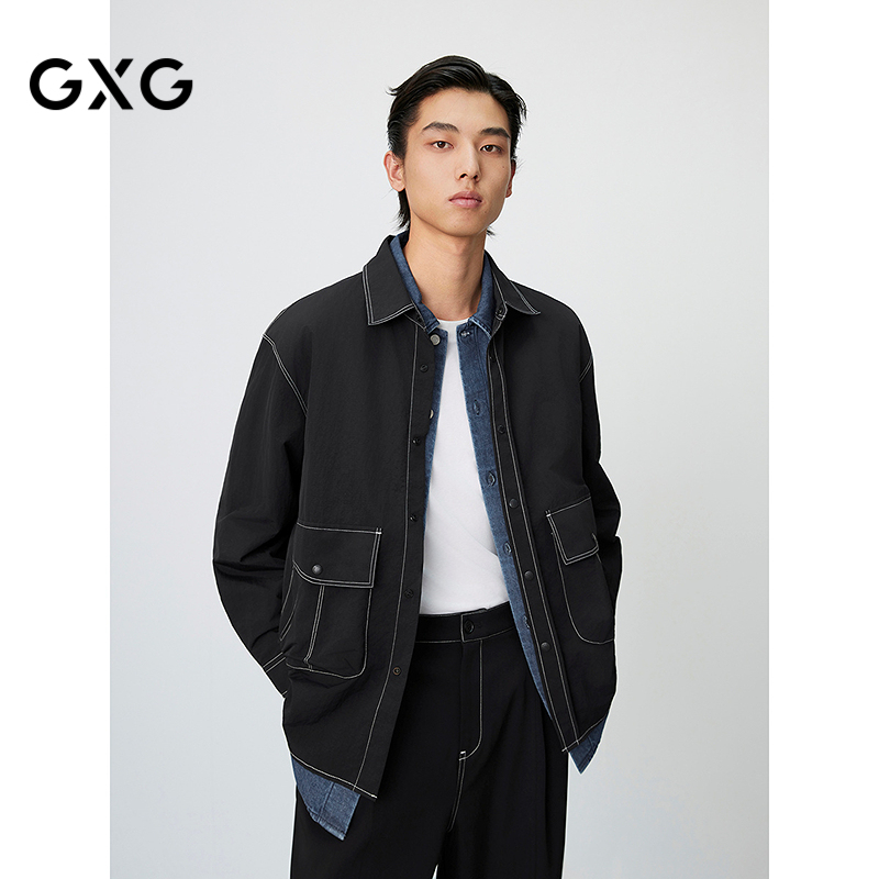 GXG男装 黑色明线设计休闲通勤翻领长袖衬衫外套 25年春新品