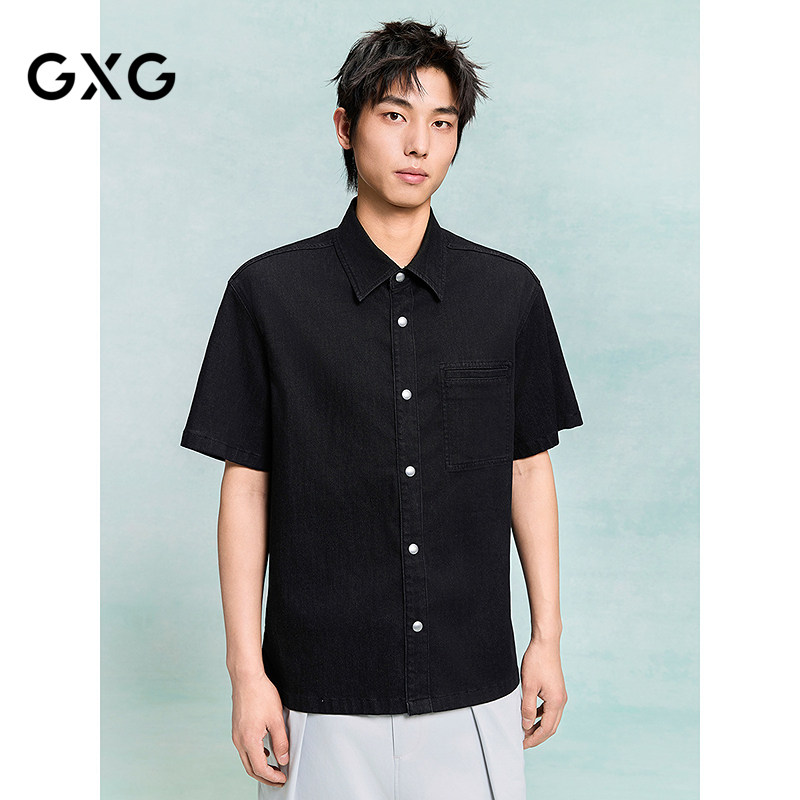 GXG男装 夏季牛仔衬衫通勤透气舒适短袖薄外套短袖男士衬衣