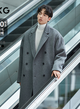 GXG男装双排扣羊毛大衣宽松双面呢长款外套24年冬品#G24D264031