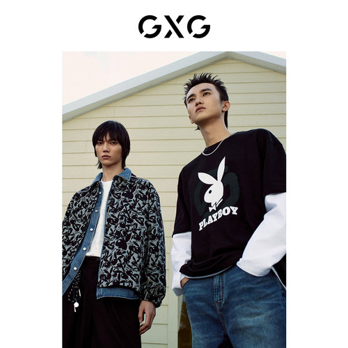 GXG男士黑色舒适印花短袖T恤