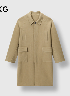 GXG男装 经典豆绿色翻领长款羊毛口袋大衣外套 2024冬季品