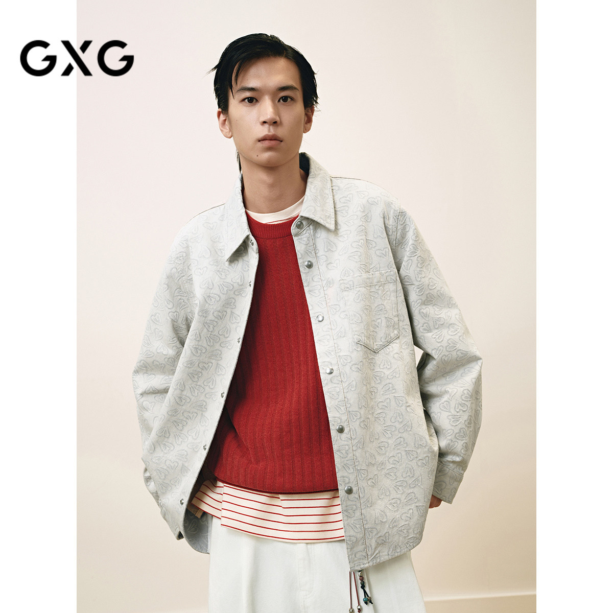 GXG男装 圣诞系列爱心提花时尚翻领衬衫式夹克外套25年春新品图片