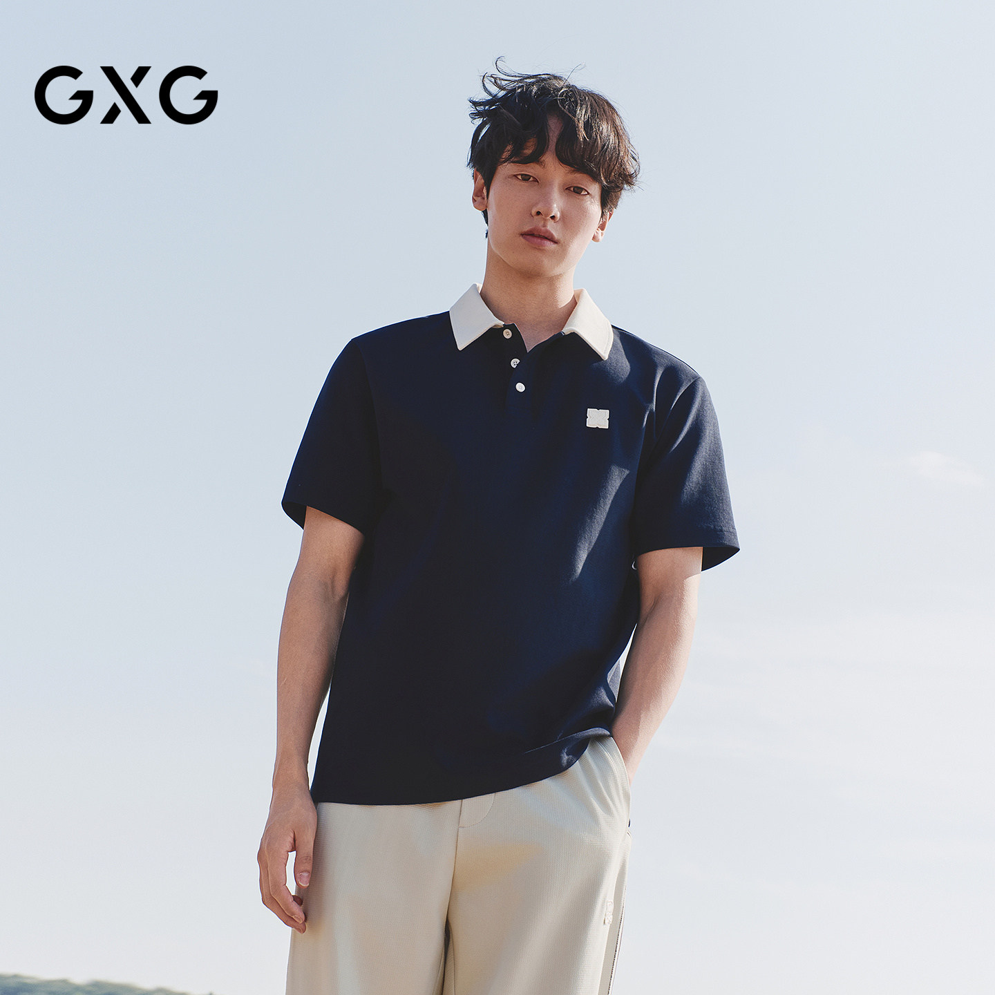 GXG男装 微廓藏青色领口撞色皮标翻领POLO衫短袖 2026夏季新品
