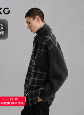 GXG男装 灰格拼接设计通勤短款大衣24冬品G24X064017