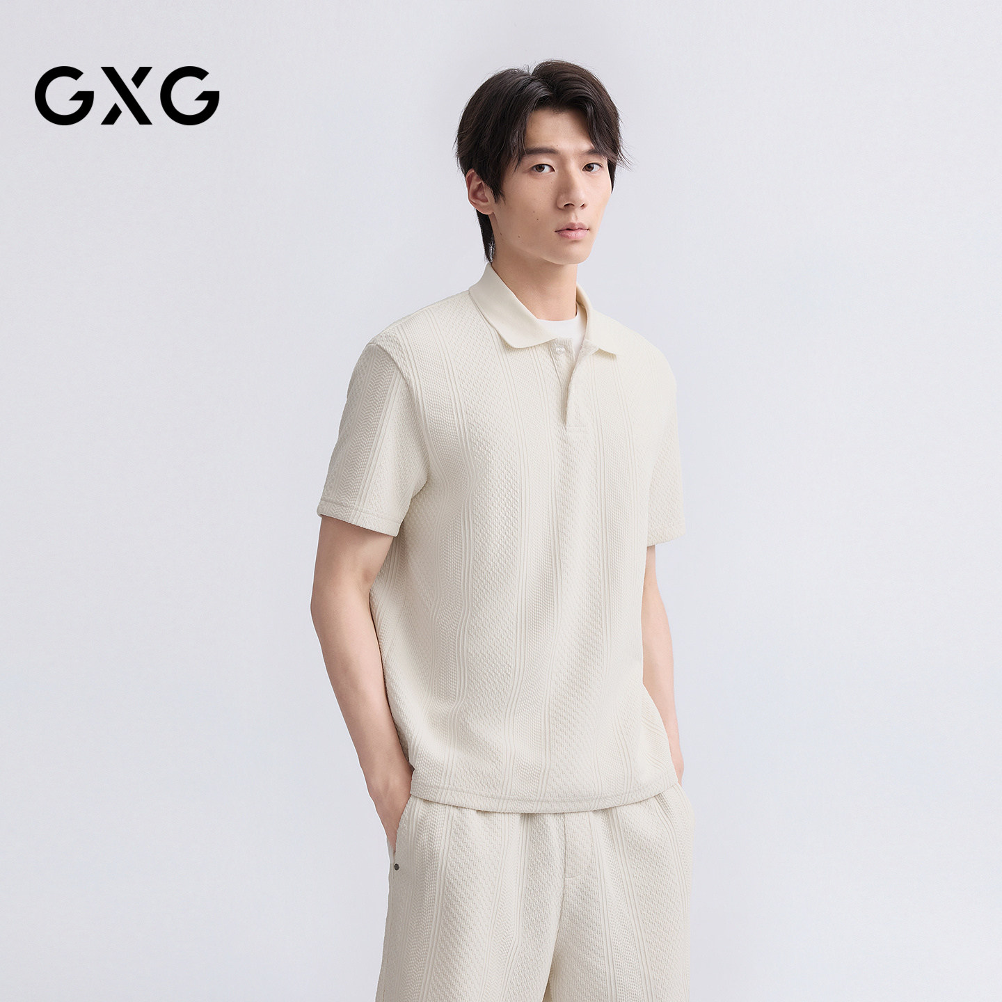 GXG男装 微廓肌理提花宽松休闲翻领POLO衫短袖 2026夏季新品