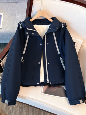 韩系藏青蓝色连帽加绒加厚冲锋外套女2025初冬新款上衣棒球服夹克