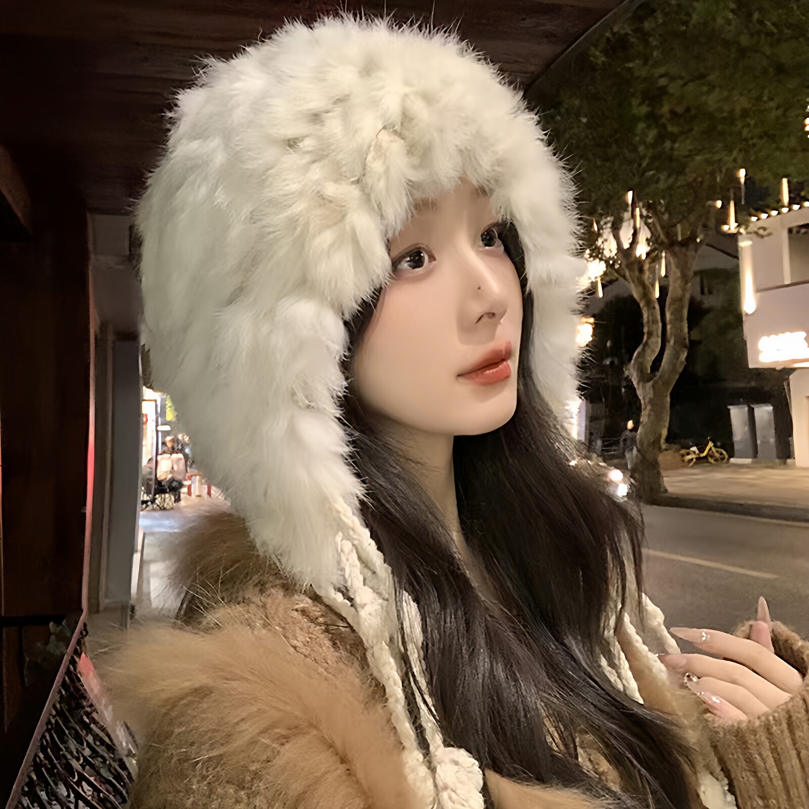 大头围毛绒帽显脸小适合方圆脸兔毛流苏包头帽女秋冬加厚保暖护耳