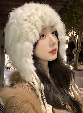 大头围毛绒帽显脸小适合方圆脸兔毛流苏包头帽女秋冬加厚保暖护耳