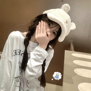 兔兔耳朵羊羔毛绒棒球帽子女秋冬女显脸小韩版爱心可爱甜妹