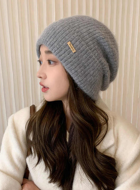 日系大头围针织毛线帽冬季帽子女款护耳保暖包头帽时尚百搭堆堆帽