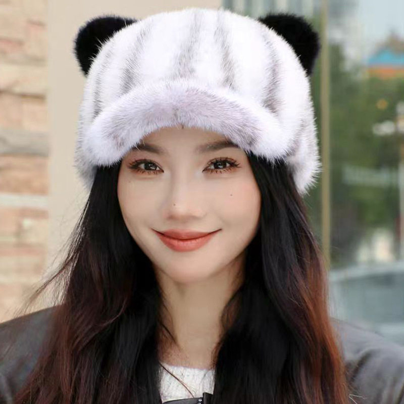 2025新款貂皮帽子加厚保暖可爱护耳毛檐帽女款猫耳朵洋气貂毛女帽