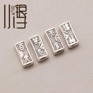 足银隔珠 3D硬银百无禁忌天官赐福长桶珠S999纯银DIY编绳串珠配件