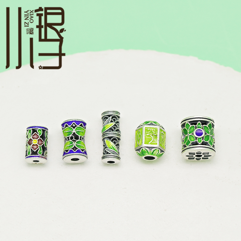 烧蓝花叶花纹竹节S999纯银隔珠