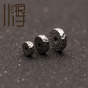 S925纯银隔珠 陨石坑敲面做旧圆片隔片无相文玩银配饰DIY男士配件