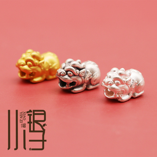 足银隔珠 3D硬银招财进宝财源广进貔貅S999纯银饰DIY编绳串珠配件