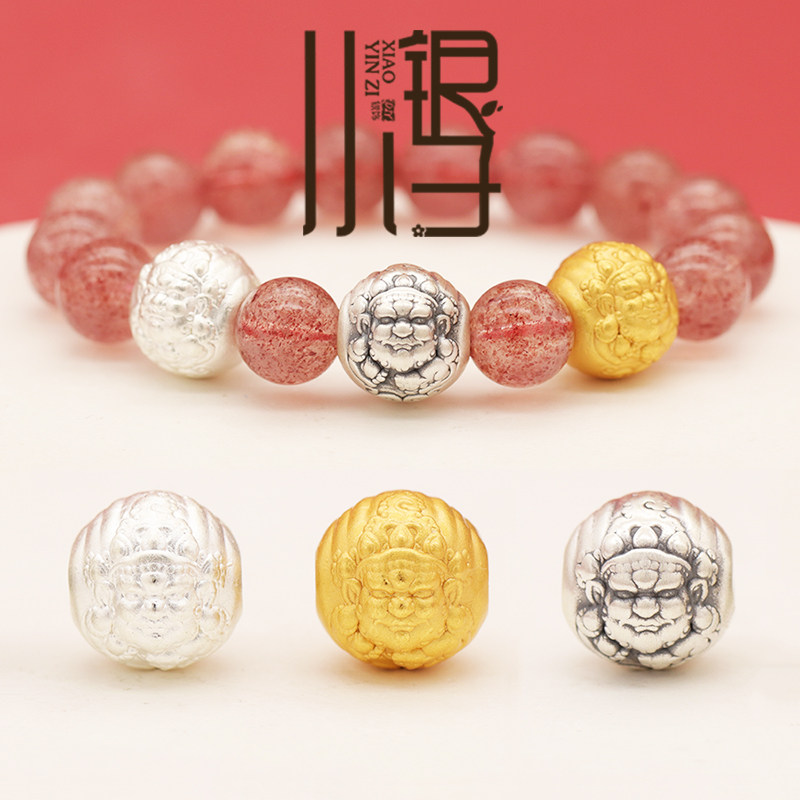 足银隔珠 3D硬银大黑天财神招财三色圆珠S999纯银DIY编绳串珠配件