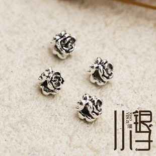 泰银三面玫瑰花迷你隔珠直孔 S925纯银配件 水晶手链DIY串珠材料