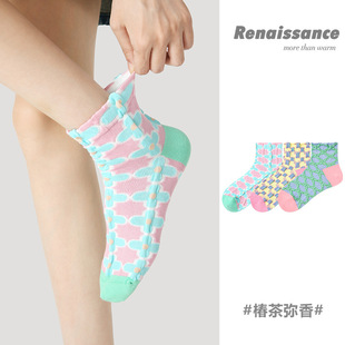 Renaissance原创女袜春夏拼色花朵短袜无骨精梳棉船袜ins潮袜子女