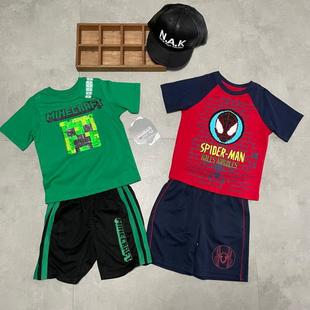 外贸元单男中大童我的世界苦力帕蜘蛛侠翻转亮片短袖套装110-140