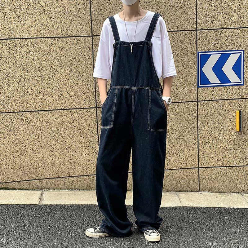秋季蓝色水洗牛仔背带裤男士宽松阔腿中腰休闲直筒工装吊带连体裤