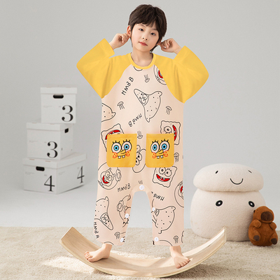 儿童连体睡衣男童春秋季纯棉薄款长袖男孩中大童卡通海绵宝宝睡袋