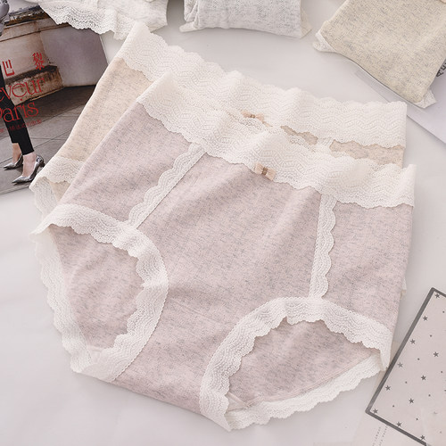 纯棉蕾丝边高腰内裤女透气网孔棉质面料大码胖mm包臀宽松三角短裤