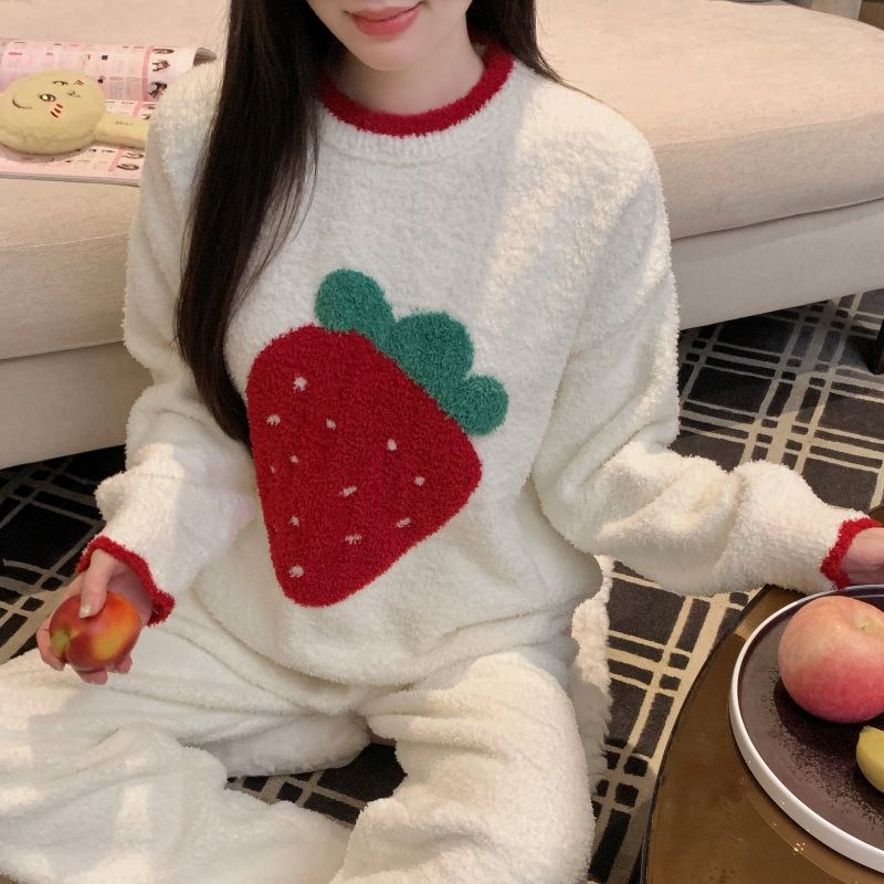 毛绒秋冬季加厚半边绒套头家居服草莓卡通甜美珊瑚绒睡衣宽松休闲