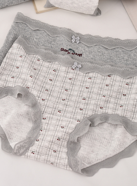 莫代尔棉中腰内裤女蕾丝边韩版时尚少女灰色系印花樱桃网孔三角裤