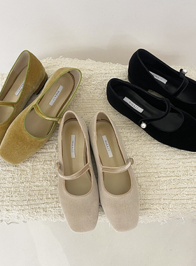 【chooi】韩系复古方头丝绒玛丽珍百搭一字扣浅口单鞋奶奶鞋