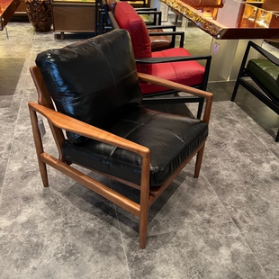 茶室空间北欧实木真皮简约机翼汉克椅家用客厅单人阳台休闲沙发lz