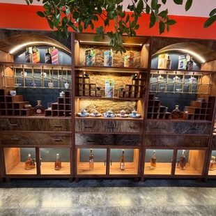 茶室客厅背景柜酒柜实木收纳柜高柜真皮毛别墅陈列轻奢家用组合柜