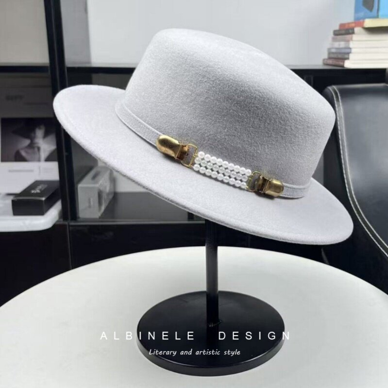 名媛风澳洲羊毛材质灰色小檐礼帽女秋冬季气质优雅百搭盆帽平顶帽