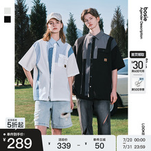 bosie2025夏季新款条纹撞色短袖衬衫男情侣宽松韩版百搭衬衣外套
