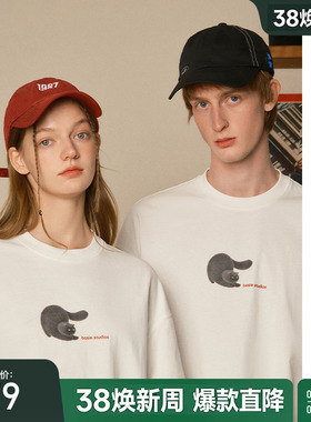 bosie2025年夏季新款趣味小猫印花短袖T恤男情侣休闲简约宽松体恤