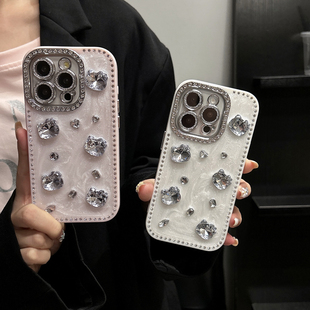 高级感滴胶双面钻适用iPhone16promax手机壳苹果15pro钻石猫咪KTiPhone14珍珠手提链带镜头膜13pro闪钻水钻女