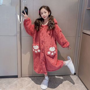 女童睡袍儿童睡衣草莓熊浴袍秋冬珊瑚绒法兰绒外穿家居服加绒加厚