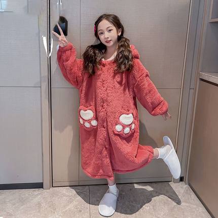 女童睡袍儿童睡衣草莓熊浴袍春秋珊瑚绒法兰绒外穿家居服加绒加厚