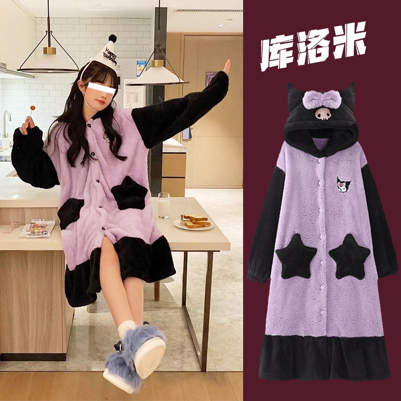 珊瑚绒睡衣女秋冬季加绒加厚睡袍可爱库洛米可外穿保暖家居服套装,女士内衣/男士内衣/家居服,睡袍/浴袍,淘宝优惠券,粉丝福利购,淘宝优惠卷