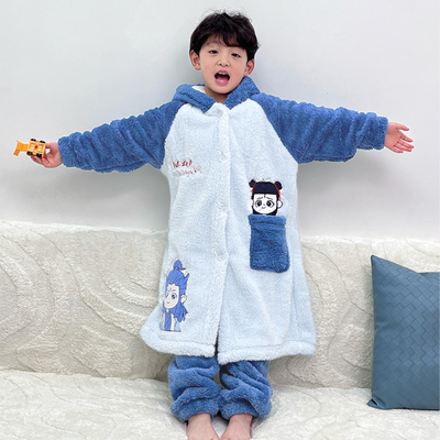 2025年新款秋冬季可外穿珊瑚绒睡袍睡衣男童卡通加绒加厚家居服