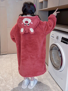 儿童睡衣睡袍草莓熊套装女童宝宝秋冬法兰绒家居服加绒加厚可外穿