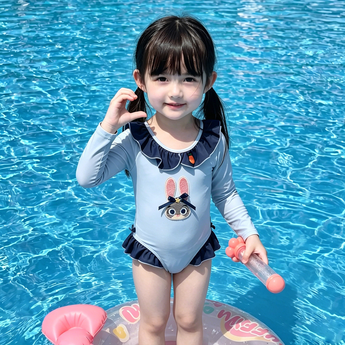 儿童泳衣女儿童韩版长袖连体可爱卡通游泳衣防晒遮肚显瘦泳装