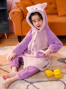 睡衣女款冬季新款加绒加厚舒棉绒女童睡衣保暖紫色唐老鸭睡袍套装