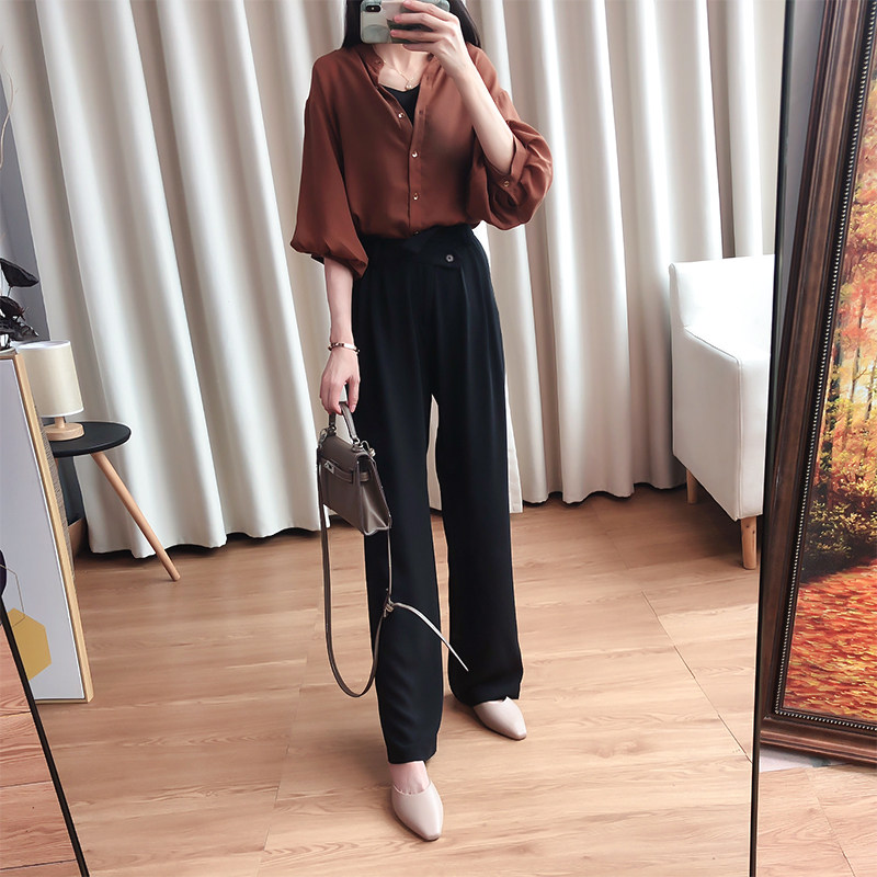 腔调之美浓情雀茶棕20春夏新款灯笼袖朦胧宽松衬衫小众气质衬衣女