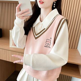 假两件薄款polo衫卫衣女春秋初高中学生宽松小个子设计感翻领上衣